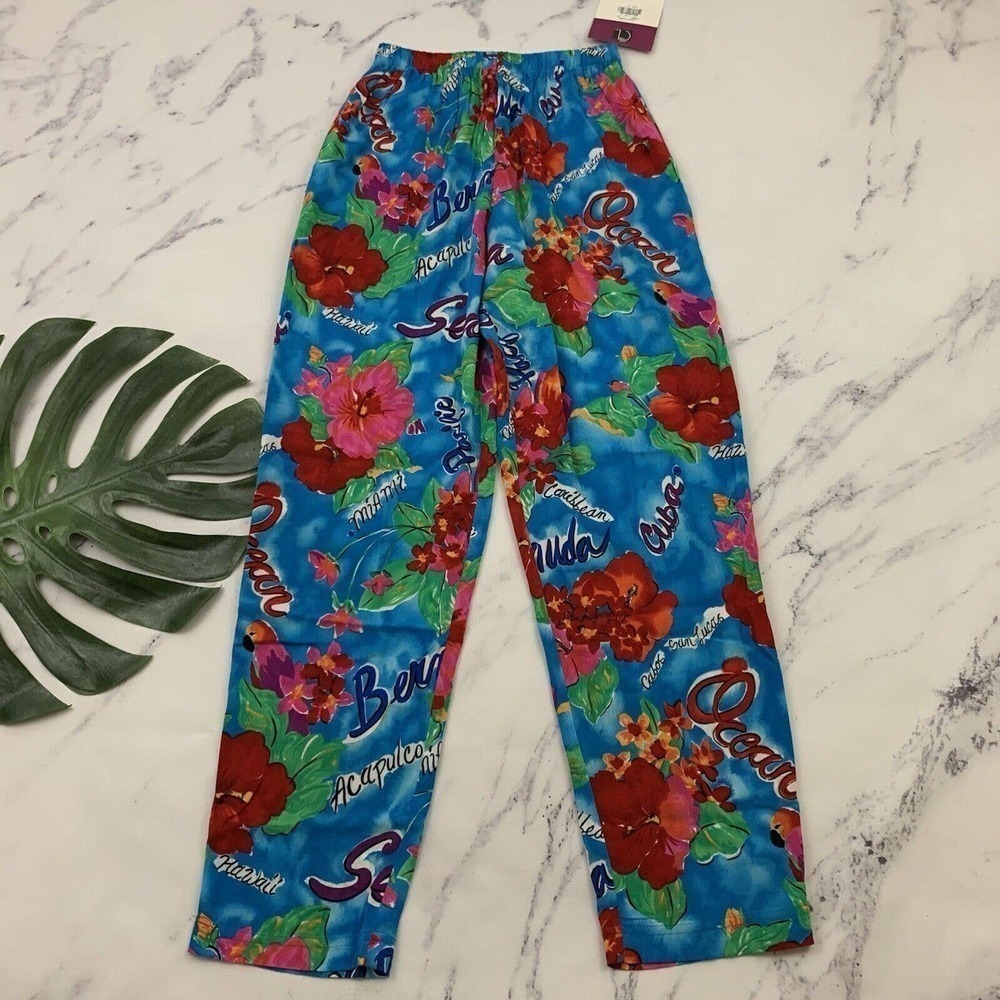 Womens Vintage Tropical Print Pull On Pants Size S New Blue Red Parrots Floral